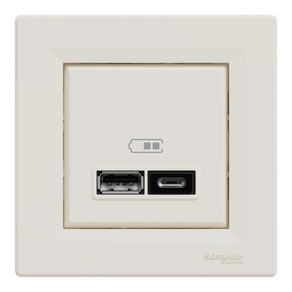 Розетка USB, 2 виходи, тип А+С 2,4А, Кремовий, Asfora EPH2700323