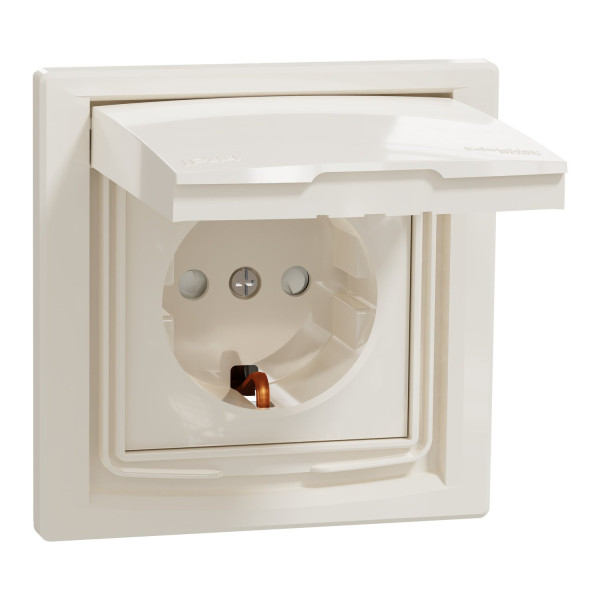 Розетка з заземленням, з кришкою та шторками, IP44, Кремова, Asfora EPH3100323