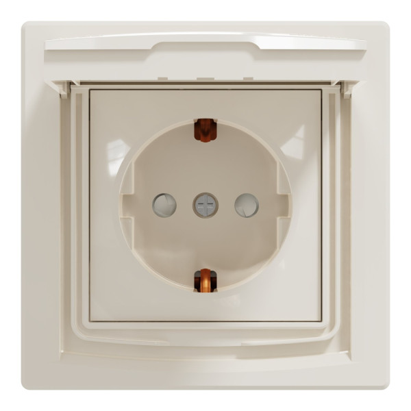 Розетка з заземленням, з кришкою та шторками, IP44, Кремова, Asfora EPH3100323