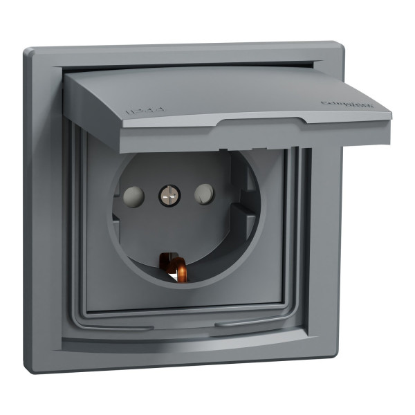 Розетка з заземленням, з кришкою та шторками, IP44, Сталь, Asfora, EPH3100362