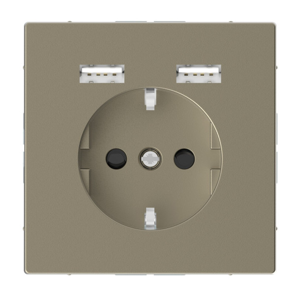Розетка силова 2К+З, 16А, з USB 2.4A, тип А+А, гвинт.затиск, шторки, Сахара, пластик, D-Life Merten MTN2366-6033