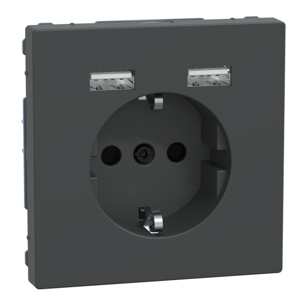 Розетка силова 2К+З, 16А, з USB 2.4A, тип А+А, гвинт.затиск, шторки, Антрацит, пластик, D-Life Merten MTN2366-6034
