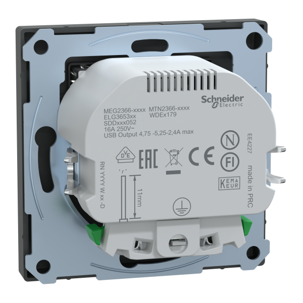 Розетка силова 2К+З, 16А, з USB 2.4A, тип А+А, гвинт.затиск, шторки, Антрацит, пластик, D-Life Merten MTN2366-6034