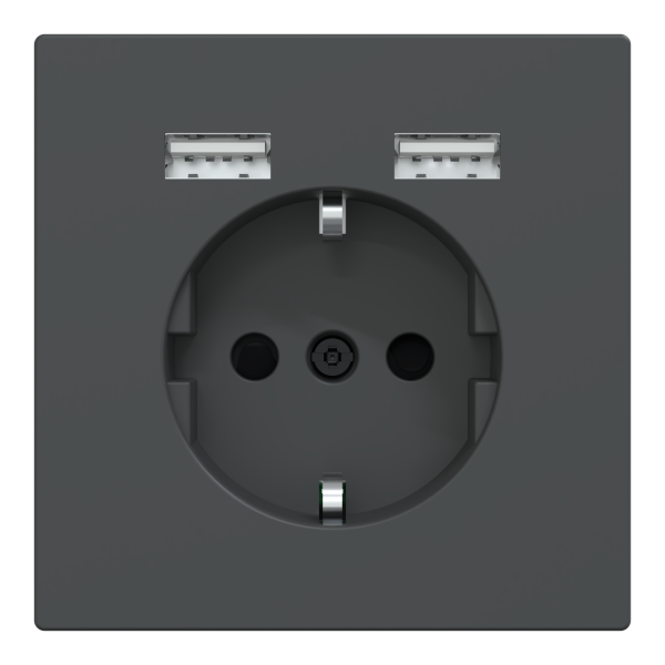 Розетка силова 2К+З, 16А, з USB 2.4A, тип А+А, гвинт.затиск, шторки, Антрацит, пластик, D-Life Merten MTN2366-6034