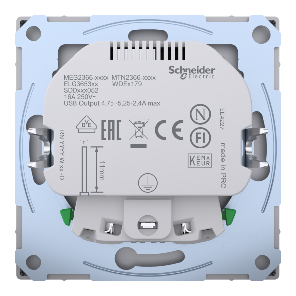 Розетка силова 2К+З, 16А, з USB 2.4A, тип А+А, гвинт.затиск, шторки, Нержавіюча сталь, пластик, D-Life Merten MTN2366-6036
