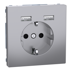 Розетка силова 2К+З, 16А, з USB 2.4A, тип А+А, гвинт.затиск, шторки, Нержавіюча сталь, пластик, D-Life Merten MTN2366-6036