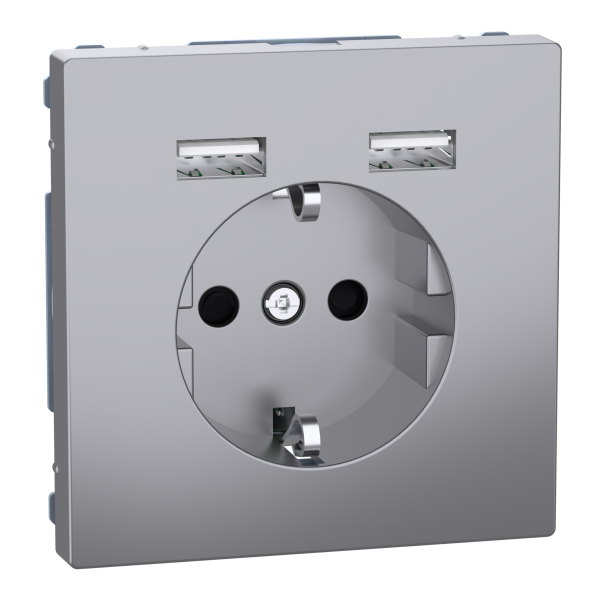 Розетка силова 2К+З, 16А, з USB 2.4A, тип А+А, гвинт.затиск, шторки, Нержавіюча сталь, пластик, D-Life Merten MTN2366-6036