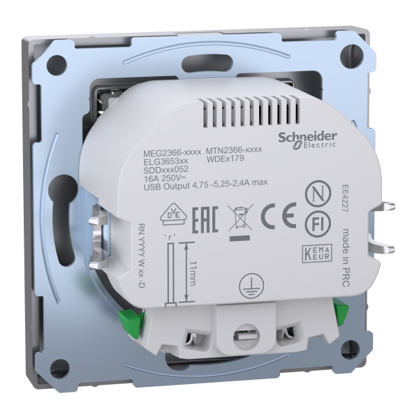 Розетка силова 2К+З, 16А, з USB 2.4A, тип А+А, гвинт.затиск, шторки, Нержавіюча сталь, пластик, D-Life Merten MTN2366-6036