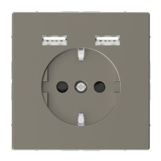 Розетка силова 2К+З, 16А, з USB 2.4A, тип А+А, гвинт.затиск, шторки, Нікель, метал, D-Life Merten MTN2366-6050
