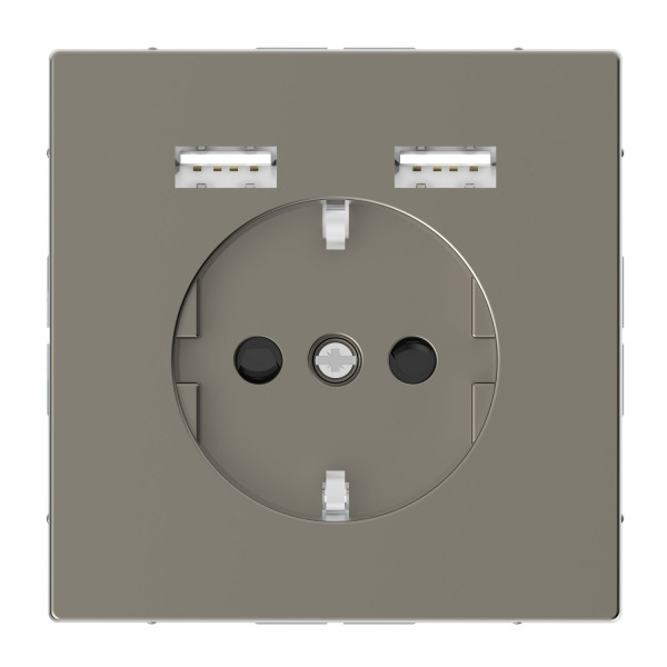 Розетка силова 2К+З, 16А, з USB 2.4A, тип А+А, гвинт.затиск, шторки, Нікель, метал, D-Life Merten MTN2366-6050