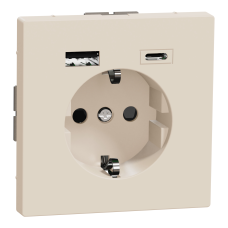 Розетка силова 2К+З, 16А, з USB 3A, тип А+C, гвинт.затиск, шторки, Сахара, пластик, D-Life Merten MTN2367-6033