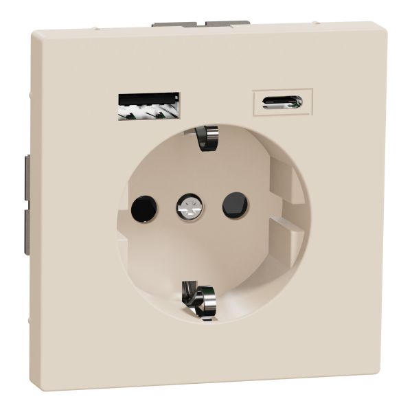 Розетка силова 2К+З, 16А, з USB 3A, тип А+C, гвинт.затиск, шторки, Сахара, пластик, D-Life Merten MTN2367-6033