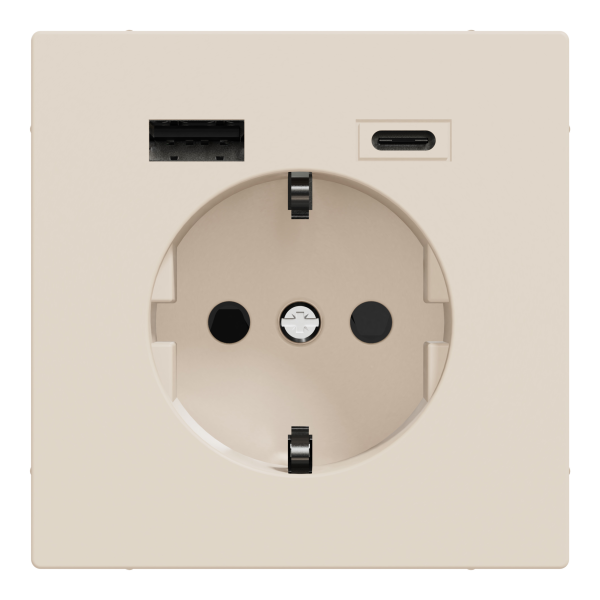 Розетка силова 2К+З, 16А, з USB 3A, тип А+C, гвинт.затиск, шторки, Сахара, пластик, D-Life Merten MTN2367-6033