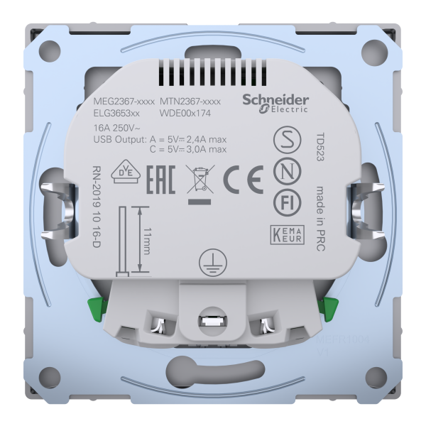Розетка силова 2К+З, 16А, з USB 3A, тип А+C, гвинт.затиск, шторки, Нержавіюча сталь, пластик, D-Life Merten MTN2367-6036