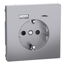 Розетка силова 2К+З, 16А, з USB 3A, тип А+C, гвинт.затиск, шторки, Нержавіюча сталь, пластик, D-Life Merten MTN2367-6036