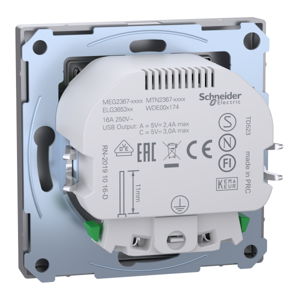 Розетка силова 2К+З, 16А, з USB 3A, тип А+C, гвинт.затиск, шторки, Нержавіюча сталь, пластик, D-Life Merten MTN2367-6036