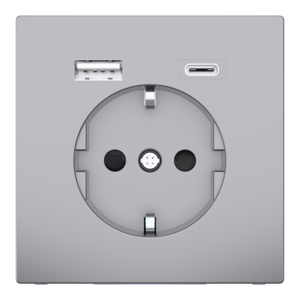 Розетка силова 2К+З, 16А, з USB 3A, тип А+C, гвинт.затиск, шторки, Нержавіюча сталь, пластик, D-Life Merten MTN2367-6036