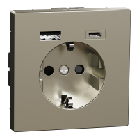Розетка силова 2К+З, 16А, з USB 3A, тип А+C, гвинт.затиск, шторки, Нікель, метал, D-Life Merten MTN2367-6050