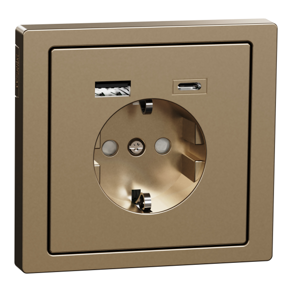 Розетка силова 2К+З, 16А, з USB 3A, тип А+C, гвинт.затиск, шторки, Шампань, метал, D-Life Merten MTN2367-6051