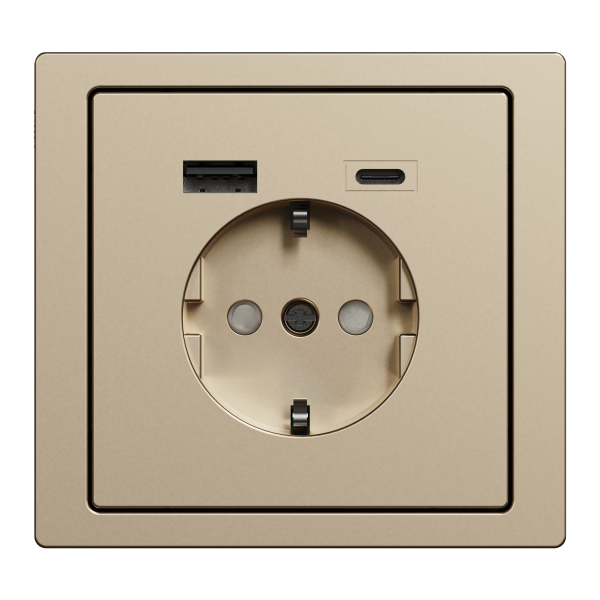 Розетка силова 2К+З, 16А, з USB 3A, тип А+C, гвинт.затиск, шторки, Шампань, метал, D-Life Merten MTN2367-6051