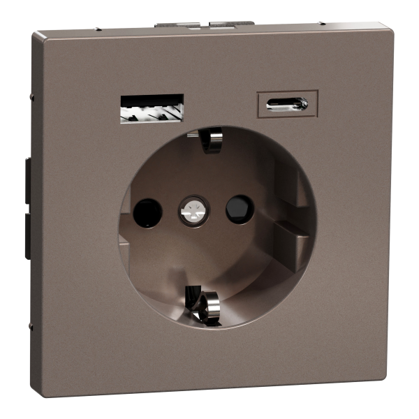 Розетка силова 2К+З, 16А, з USB 3A, тип А+C, гвинт.затиск, шторки, Моко, метал, D-Life Merten MTN2367-6052