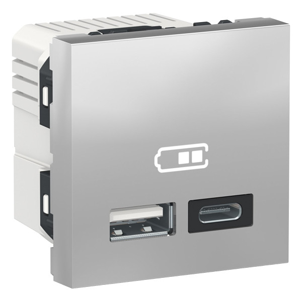 Розетка USB 2.0 зарядна подвійна, 2.4А, A+C, 2 модуля, алюміній, Unica NEW NU301830