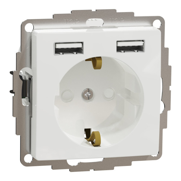 Розетка силова з заземленням + USB A+A, 2.4A, зі шторками, Білий, Sedna Design SDD111052