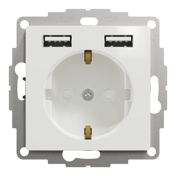 Розетка силова з заземленням + USB A+A, 2.4A, зі шторками, Білий, Sedna Design SDD111052