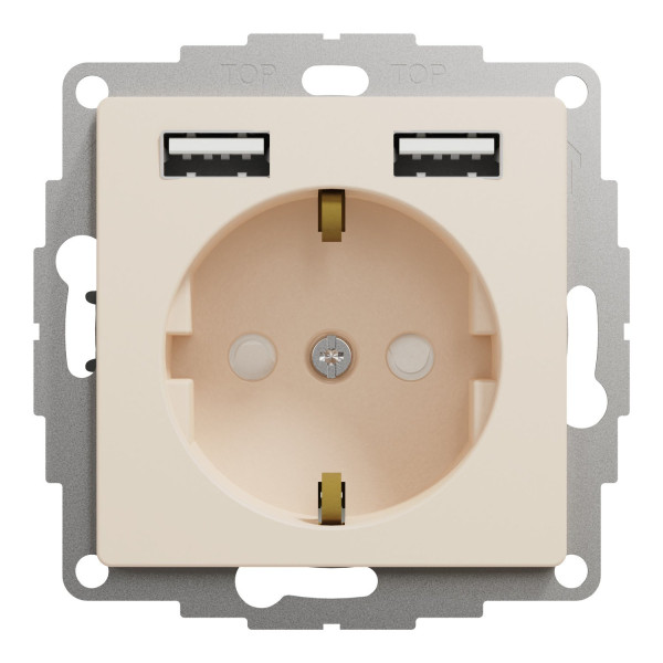 Розетка силова з заземленням + USB A+A, 2.4A, зі шторками, Бежевий, Sedna Design SDD112052