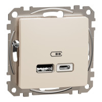 Розетка USB подвійна А+C, 2.4А, 230В, Бежевий, Sedna Design SDD112402