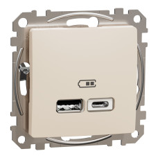 Розетка USB подвійна А+C, 2.4А, 230В, Бежевий, Sedna Design SDD112402