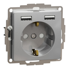 Розетка силова з заземленням + USB A+A, 2.4A, зі шторками, Алюміній, Sedna Design SDD113052