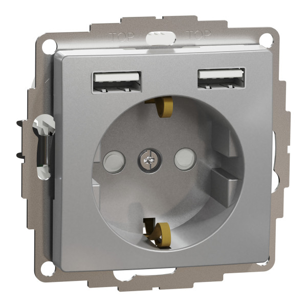 Розетка силова з заземленням + USB A+A, 2.4A, зі шторками, Алюміній, Sedna Design SDD113052