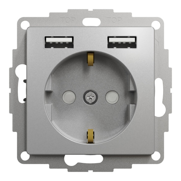 Розетка силова з заземленням + USB A+A, 2.4A, зі шторками, Алюміній, Sedna Design SDD113052