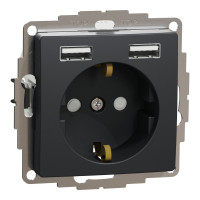 Розетка силова з заземленням + USB A+A, 2.4A, зі шторками, Чорний, Sedna Design SDD114052
