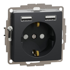 Розетка силова з заземленням + USB A+A, 2.4A, зі шторками, Чорний, Sedna Design SDD114052