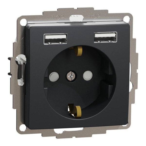 Розетка силова з заземленням + USB A+A, 2.4A, зі шторками, Чорний, Sedna Design SDD114052