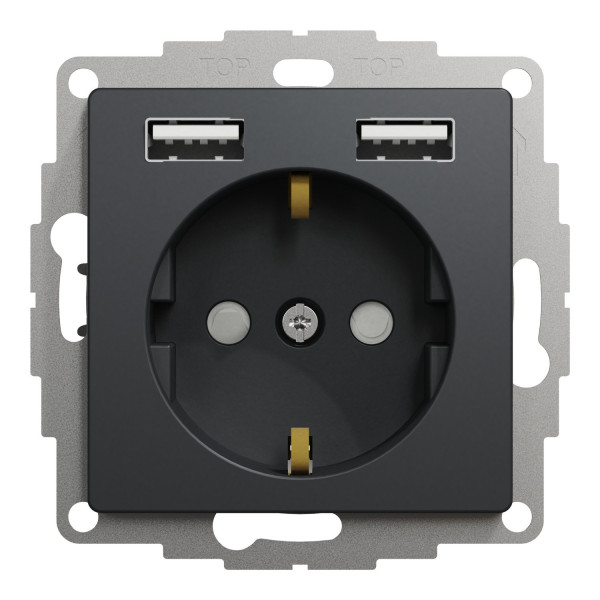 Розетка силова з заземленням + USB A+A, 2.4A, зі шторками, Чорний, Sedna Design SDD114052