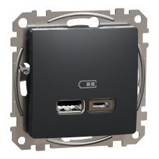 Розетка USB подвійна А+C, 2.4А, 230В, Чорний, Sedna Design SDD114402