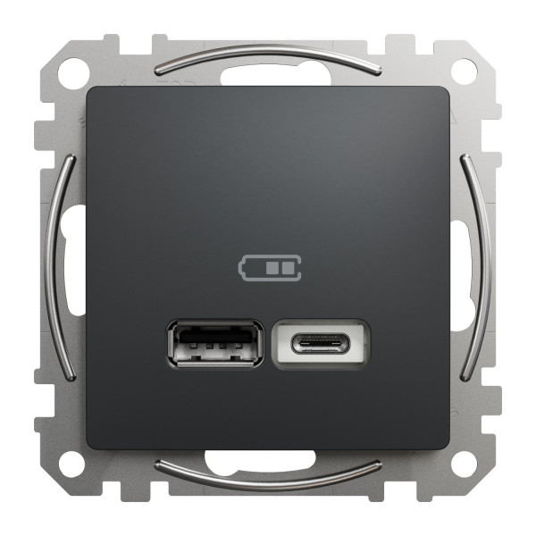 Розетка USB подвійна А+C, 2.4А, 230В, Чорний, Sedna Design SDD114402