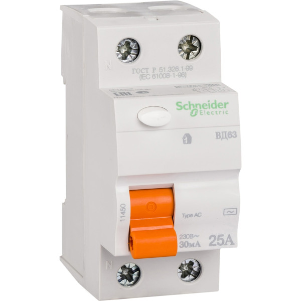 ПЗВ Диф. вимикач навантаження ВД63 2П 25A 30мA Schneider Electric 11450