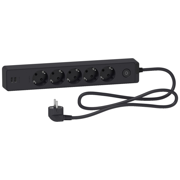 Подовжувач на 5 розеток + 2хUSB 2.4А, кабель 1,5 метри, чорний, Schneider Electric ST945U1B