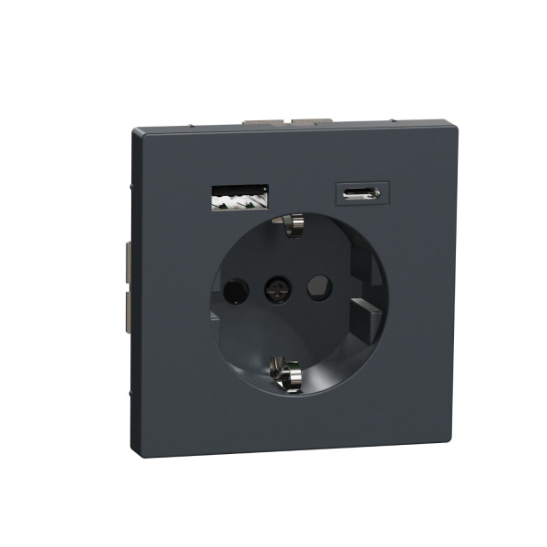 Розетка силова 2К+З, 16А, з USB 3A, тип А+C, гвинт.затиск, шторки, Антрацит, пластик, D-Life Merten MTN2367-6034