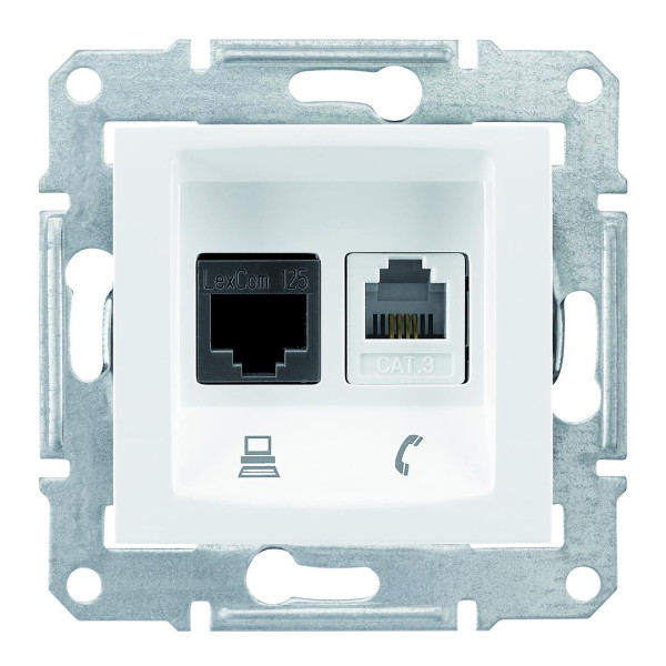 Телефонна + комп'ютерна розетка RJ11 + RJ45, кат. 5e, неэкр. UTP з пружинними затискачами, Білий, Sedna SDN5100121