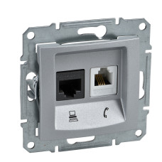 Телефонна + комп'ютерна розетка RJ11 + RJ45, кат. 5e, неэкр. UTP з пружинними затискачами, Алюміній, Sedna SDN5100160