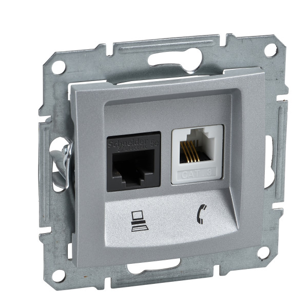 Телефонна + комп'ютерна розетка RJ11 + RJ45, кат. 5e, неэкр. UTP з пружинними затискачами, Алюміній, Sedna SDN5100160